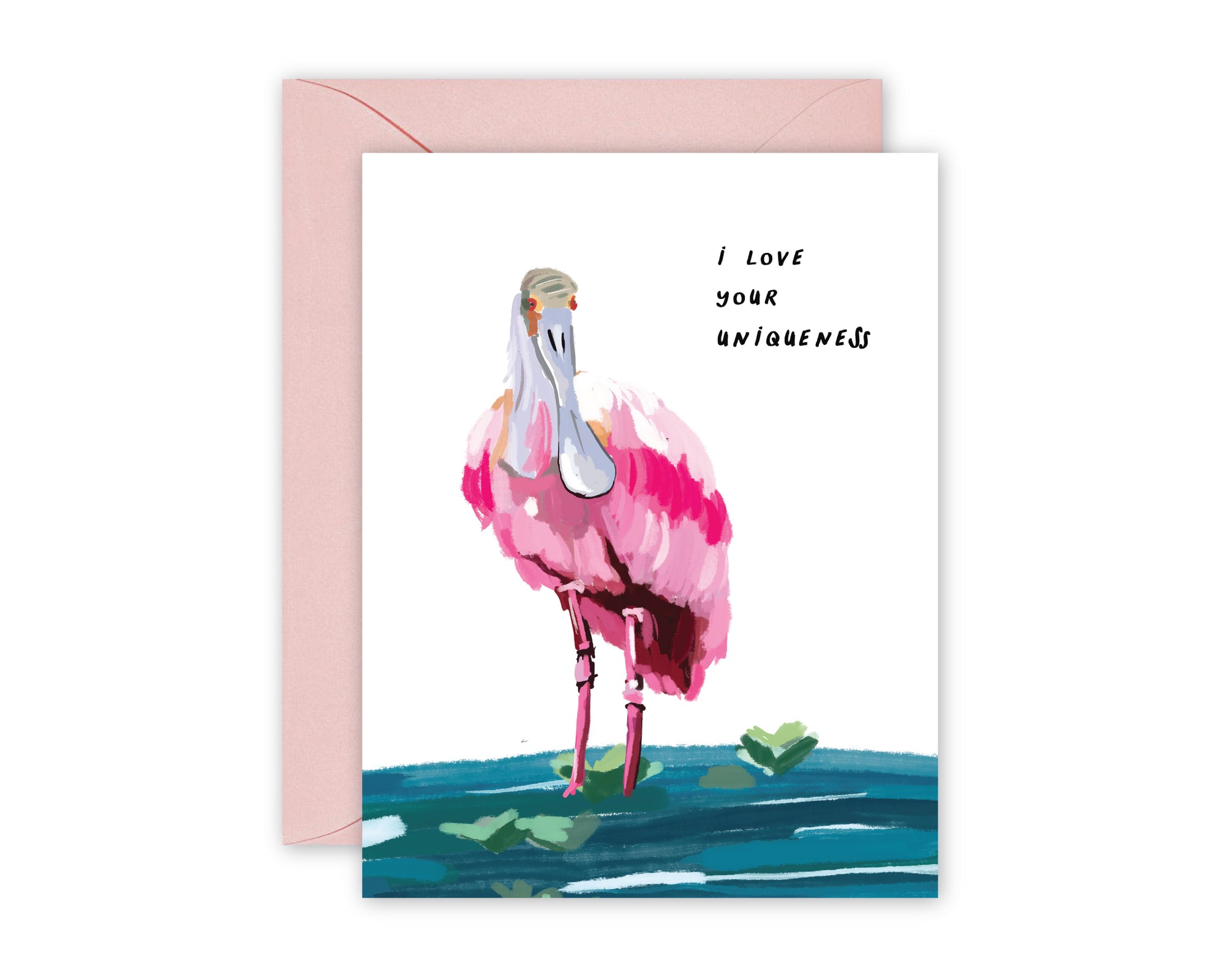 greeting card with colorful illustrated spoonbill in shades of pink and fuschia. card says I love your uniqueness.