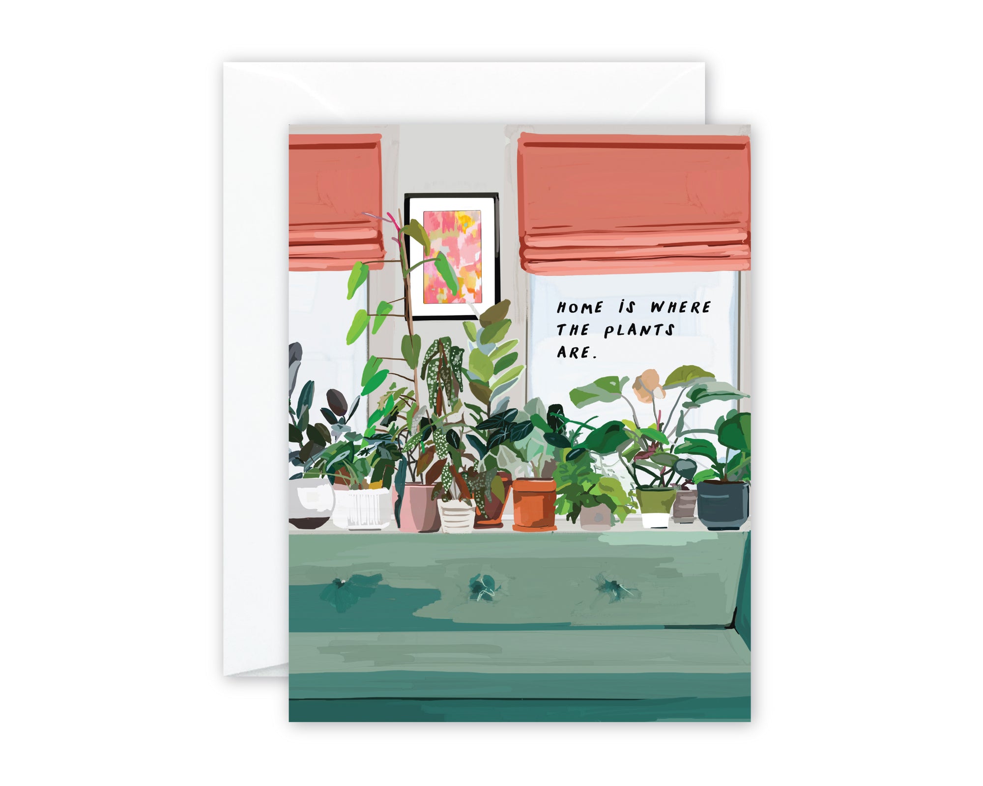 Greeting card with sofa, window scene. Teal sofa, peach window shades, art, plant shelf. HOME IS WHERE THE PLANT ARE.