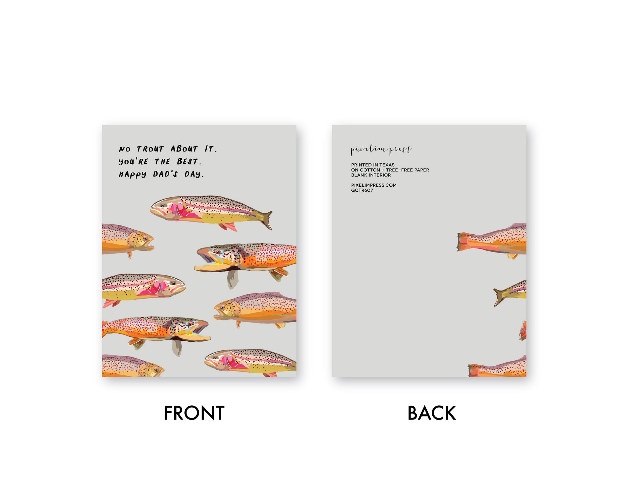 Greeting card with colorful illustrated rainbow and brown Colorado trout. Pale grey background, grey envelope.