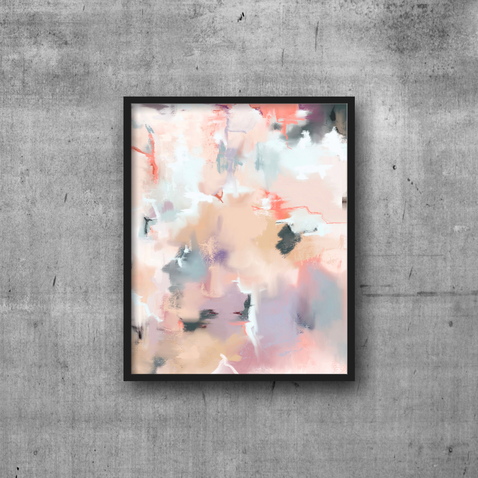 Abstract art print in shades of tan, coral, peach, mauve, ice blue and lilac hanging on clips