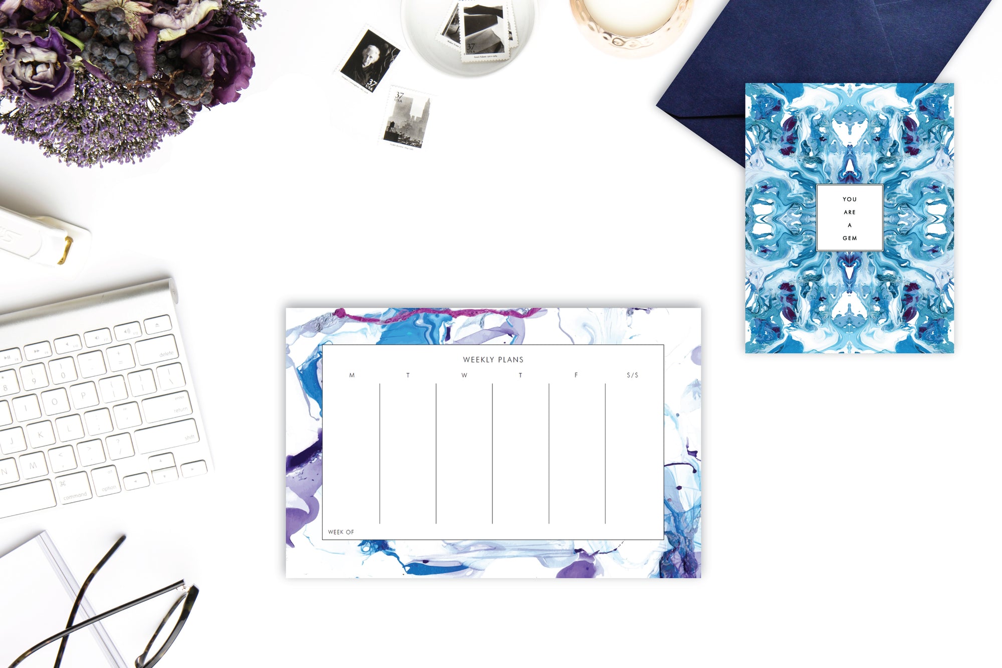Weekly Deskpad Planner Art Marble Pattern Blue + Purple + Burgundy