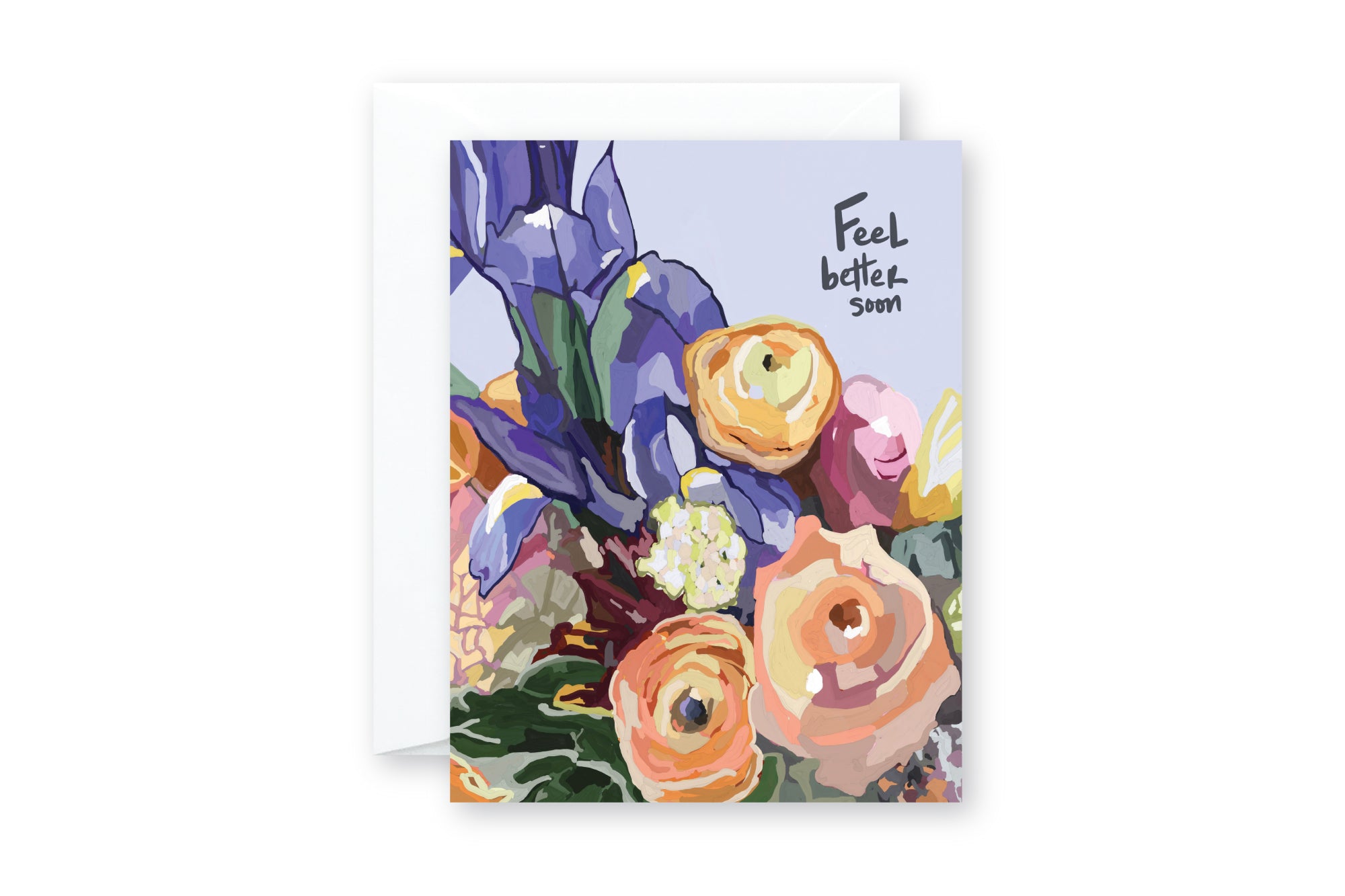 ABSTRACT floral pattern with irises, roses, hydrangea get well soon greeting card.