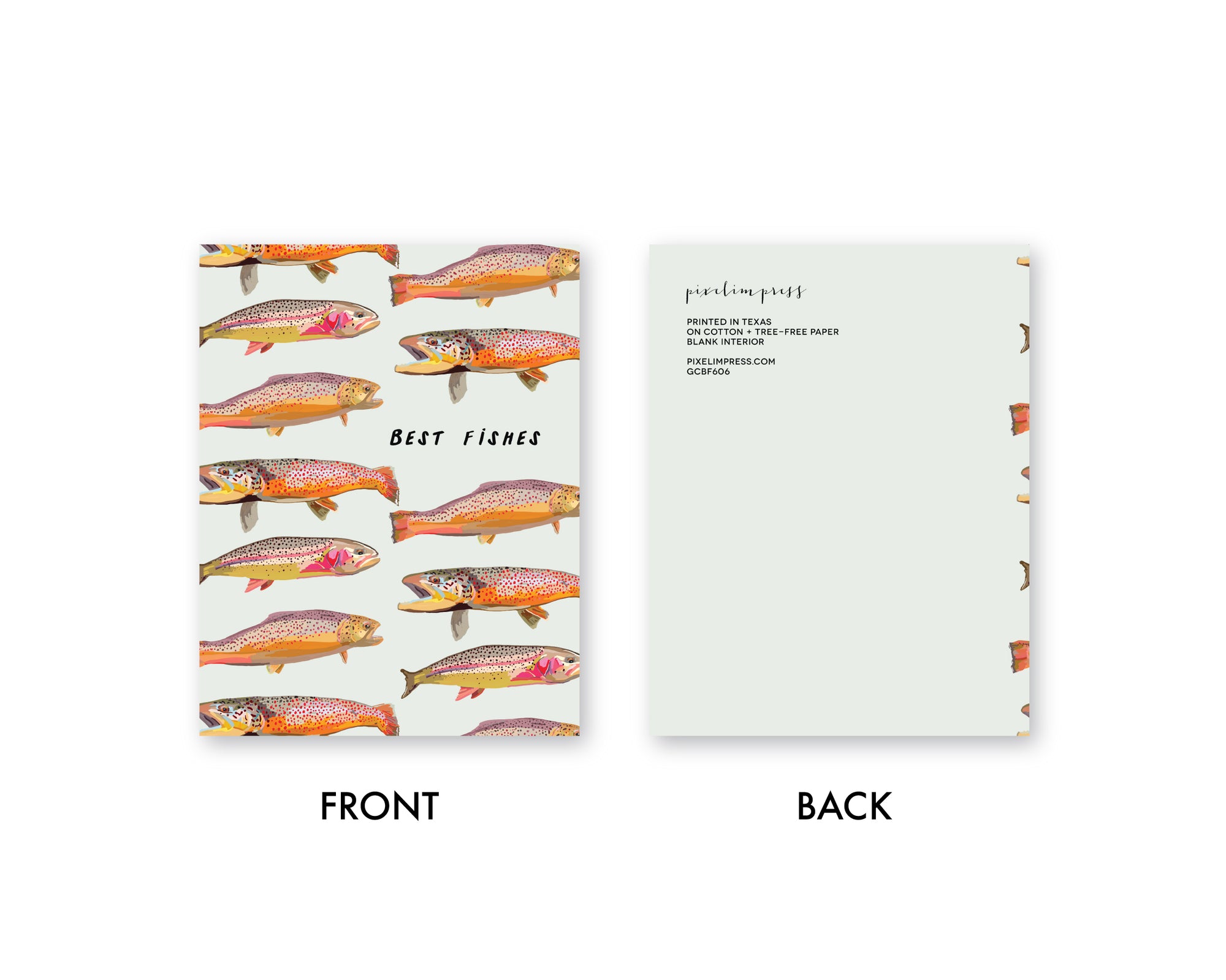 Greeting card with colorful illustrated rainbow and brown Colorado trout. Pale green background, pink envelope.