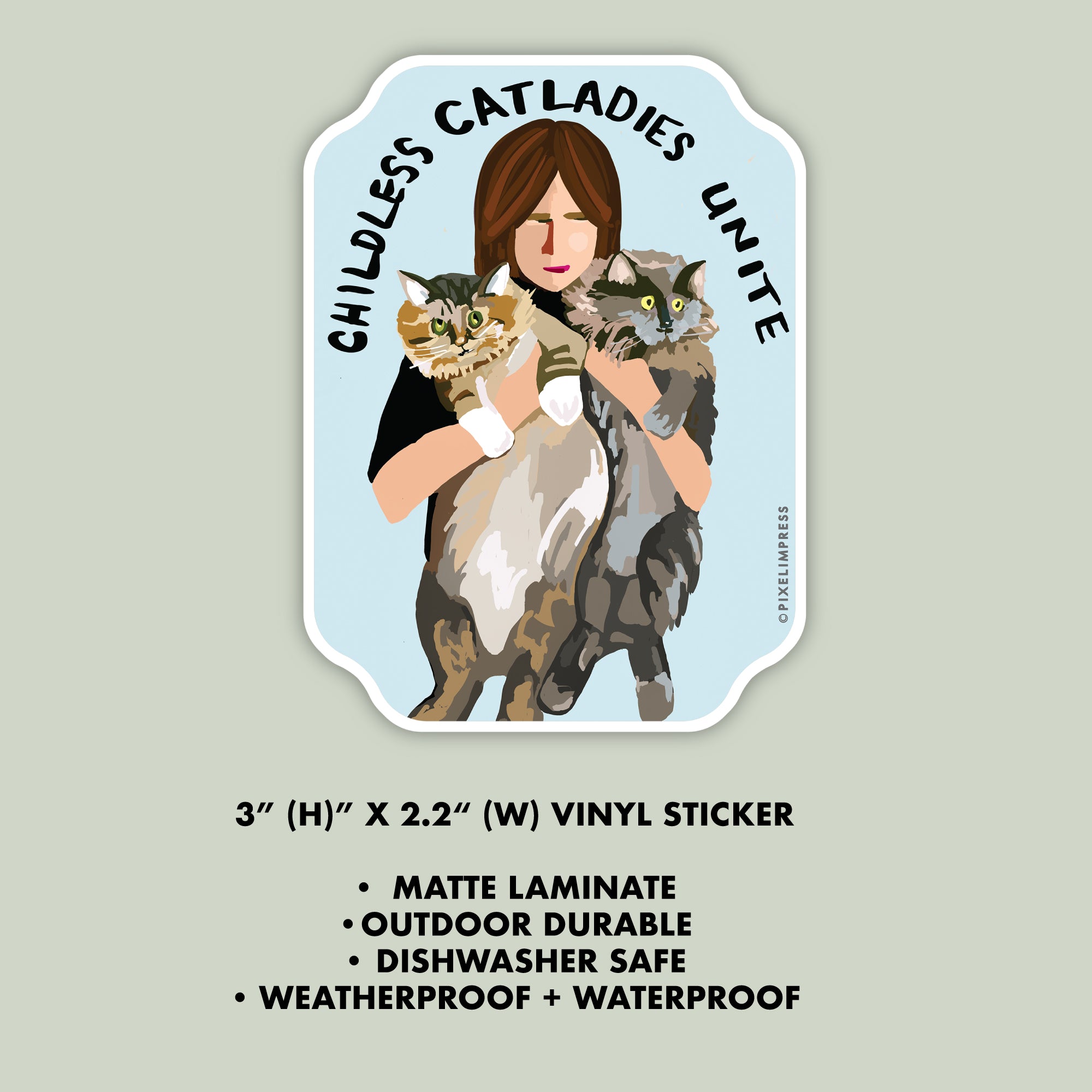 hand illustrated brunette woman holding 2 fluffy cats with the saying childless catladies unite.