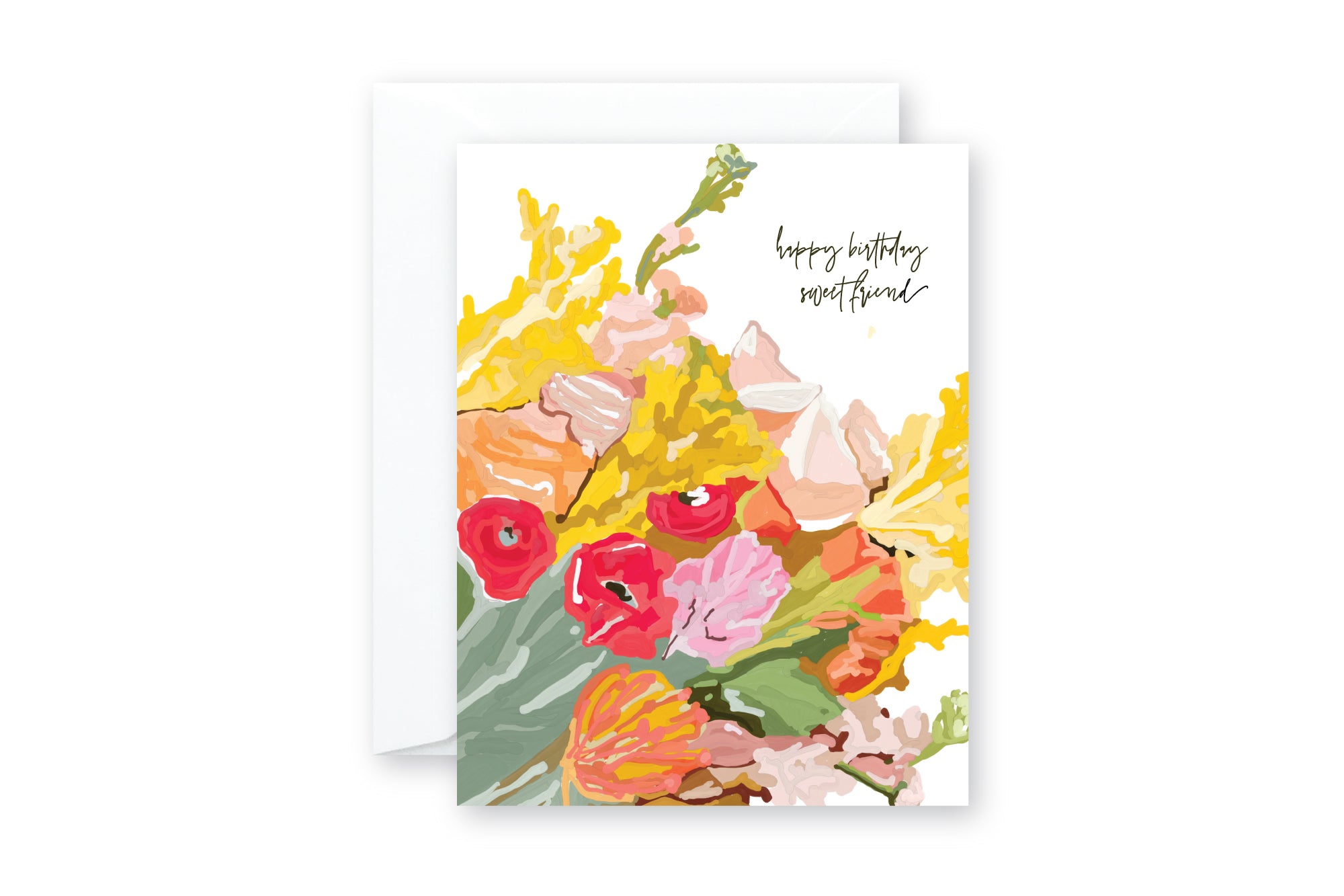 Greeting card with illustrated floral bouquet in shades of golden, pink, coral. HAPPY BIRTHDAY SWEET FRIEND. White envelope