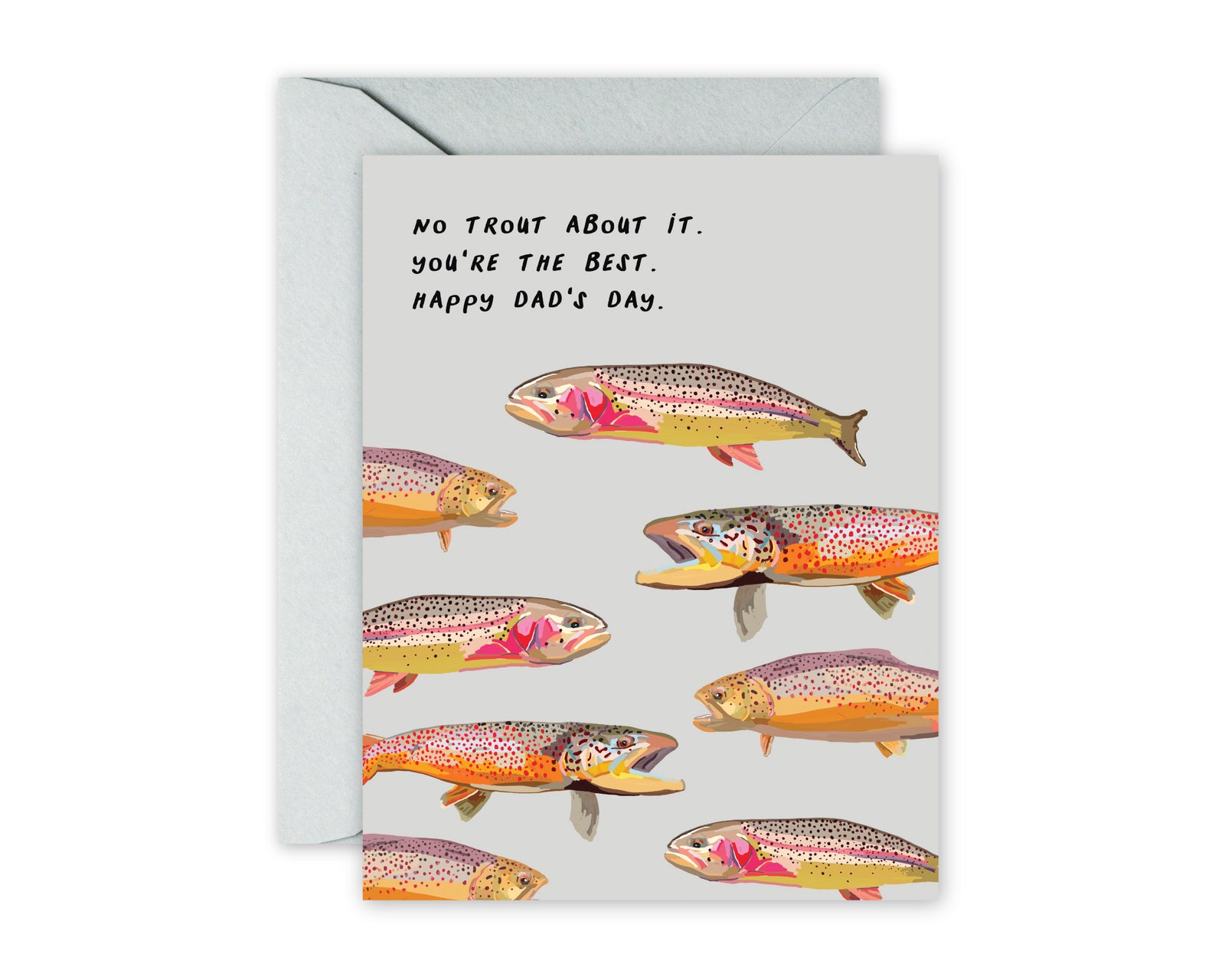Greeting card with colorful illustrated rainbow and brown Colorado trout. Pale grey background, grey envelope.