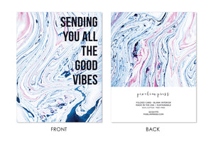 GOOD VIBES Hippie Bohemian Indigo + Blush Marble Greeting Card front + back by pixelimpress