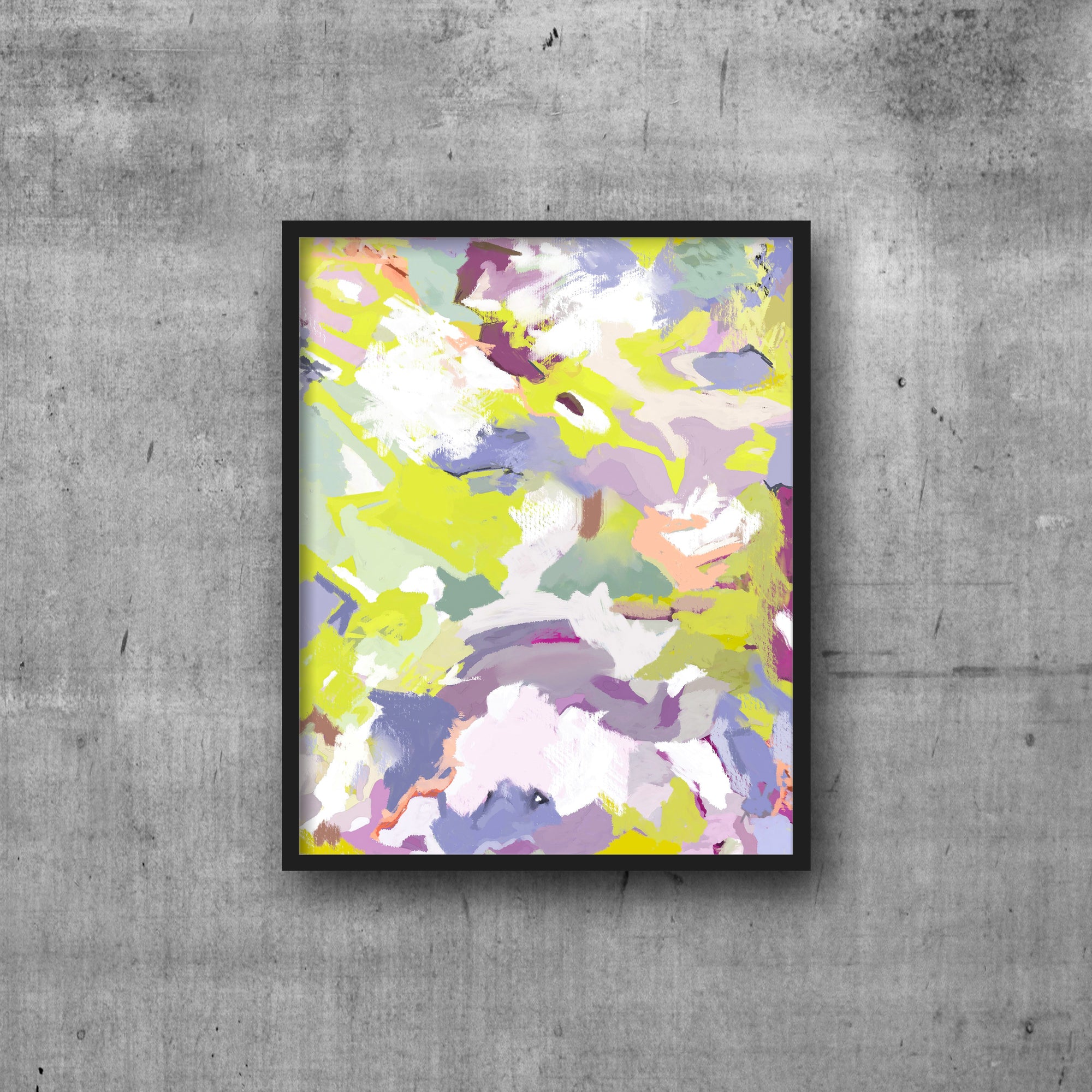 Abstract art print in chartreuse, lilac, and peach tones. In black frame.