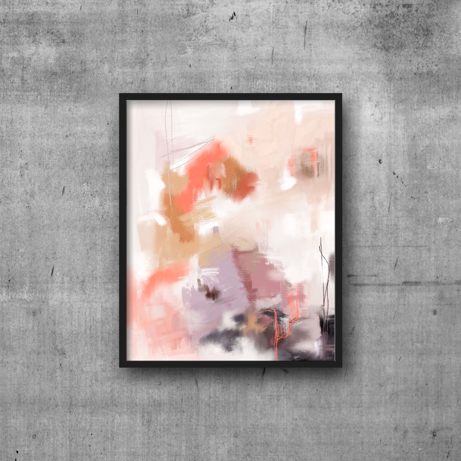 Abstract art print in shades of coral, tan and purple hanging from clips.