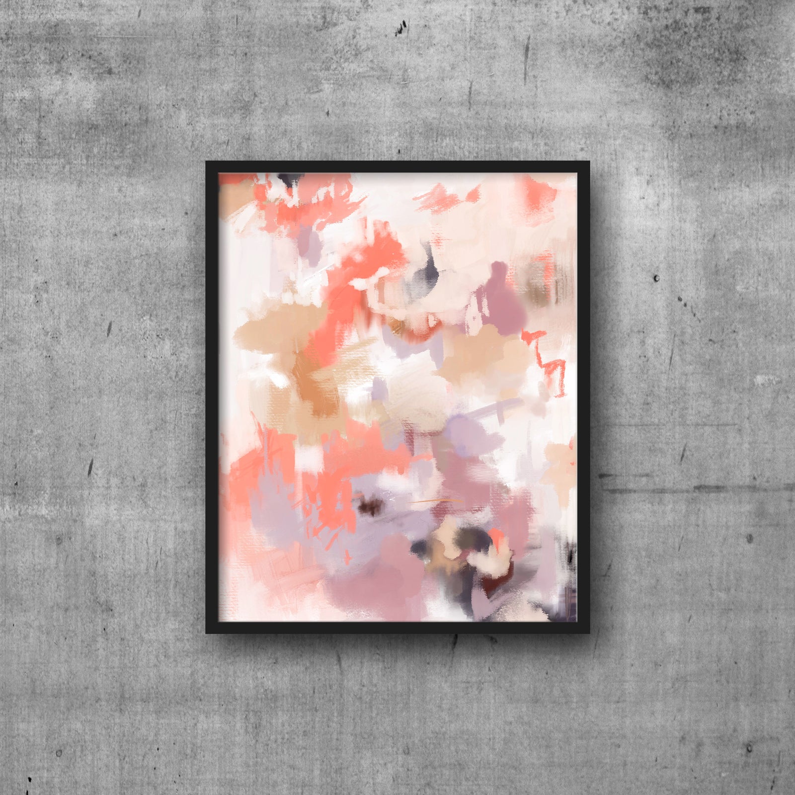 Abstract art print in shades of coral, tan and purple hanging from clips.