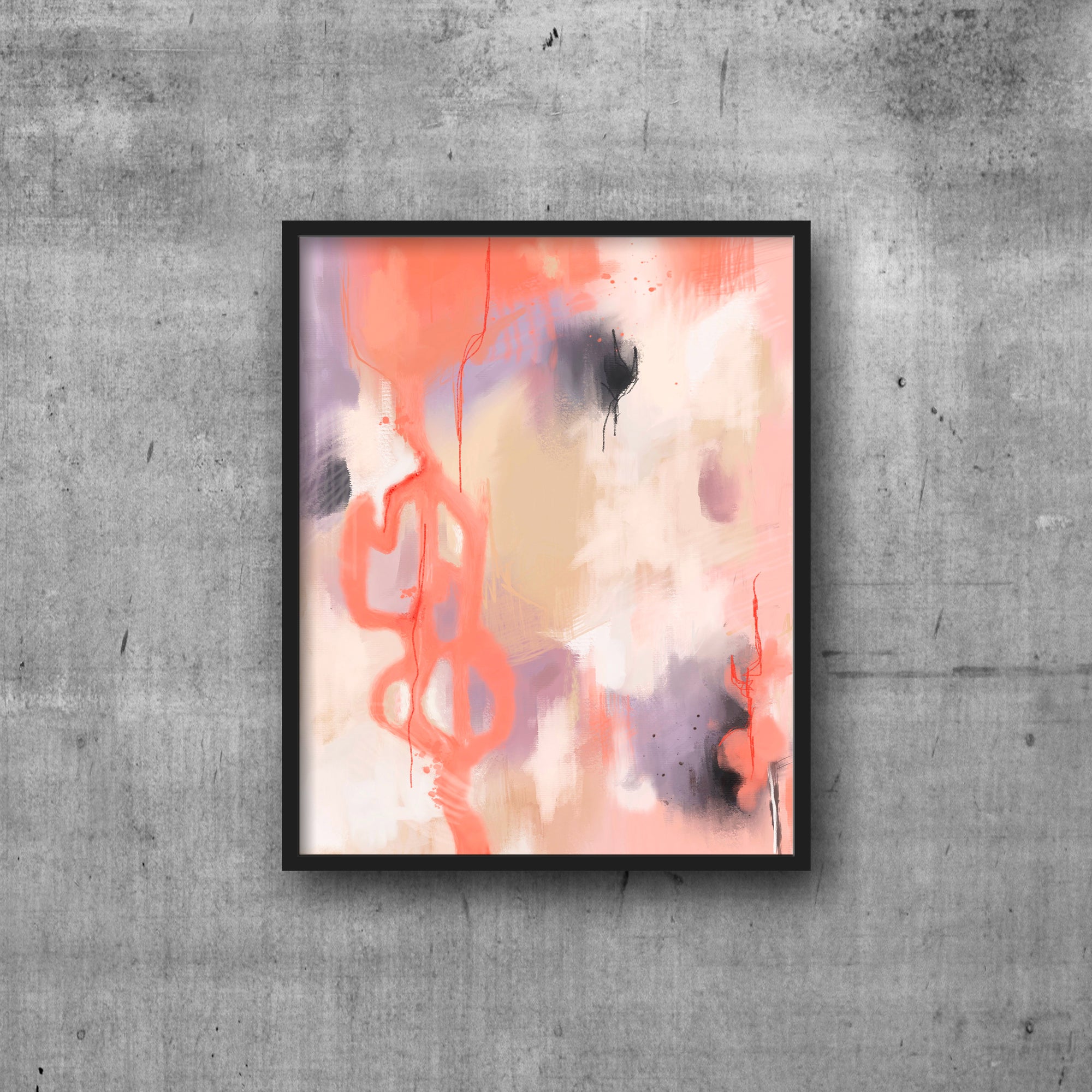 Abstract art print in shades of coral, tan and purple in black frame on cement wall.