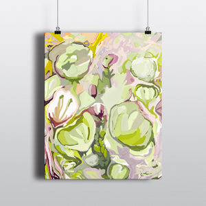 Floral abstract art print in shades of chartreuse lilac mauve and purples hanging on clips