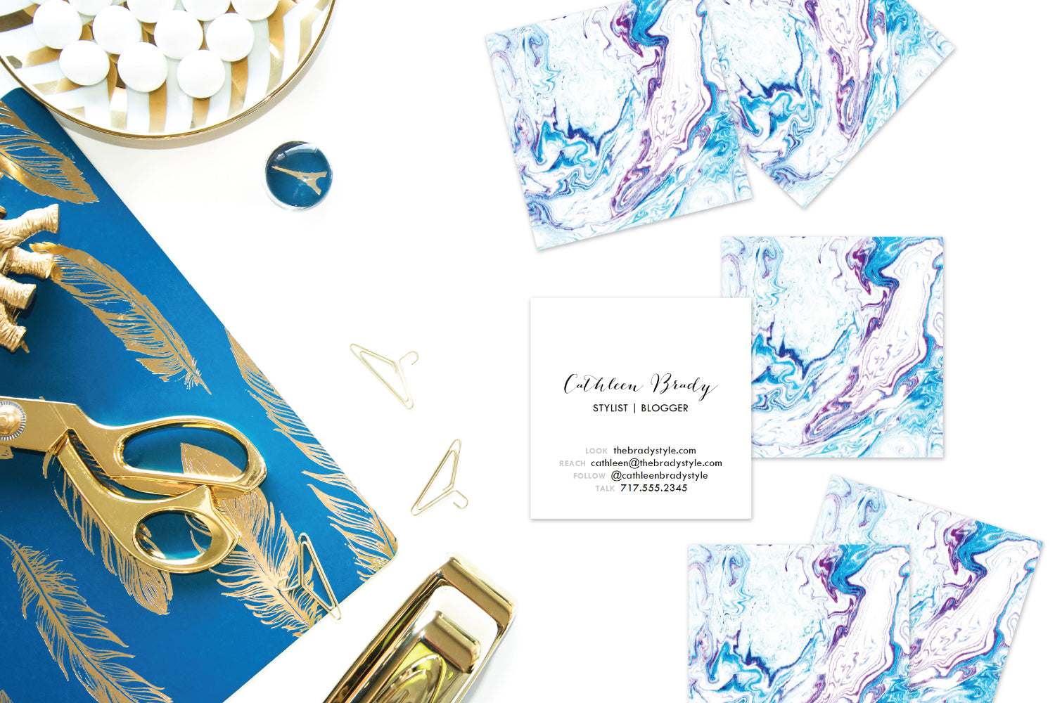 Blue + Maroon Marble Double Sided  Calling Cards | Set (50)