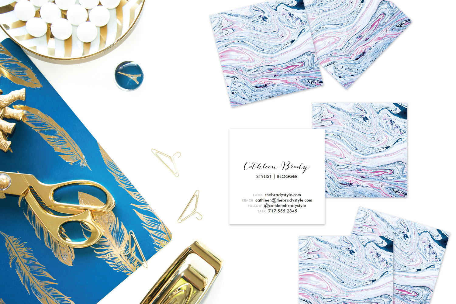 Indigo + Pink Boho Marble Double Sided  Calling Cards | Set (50)