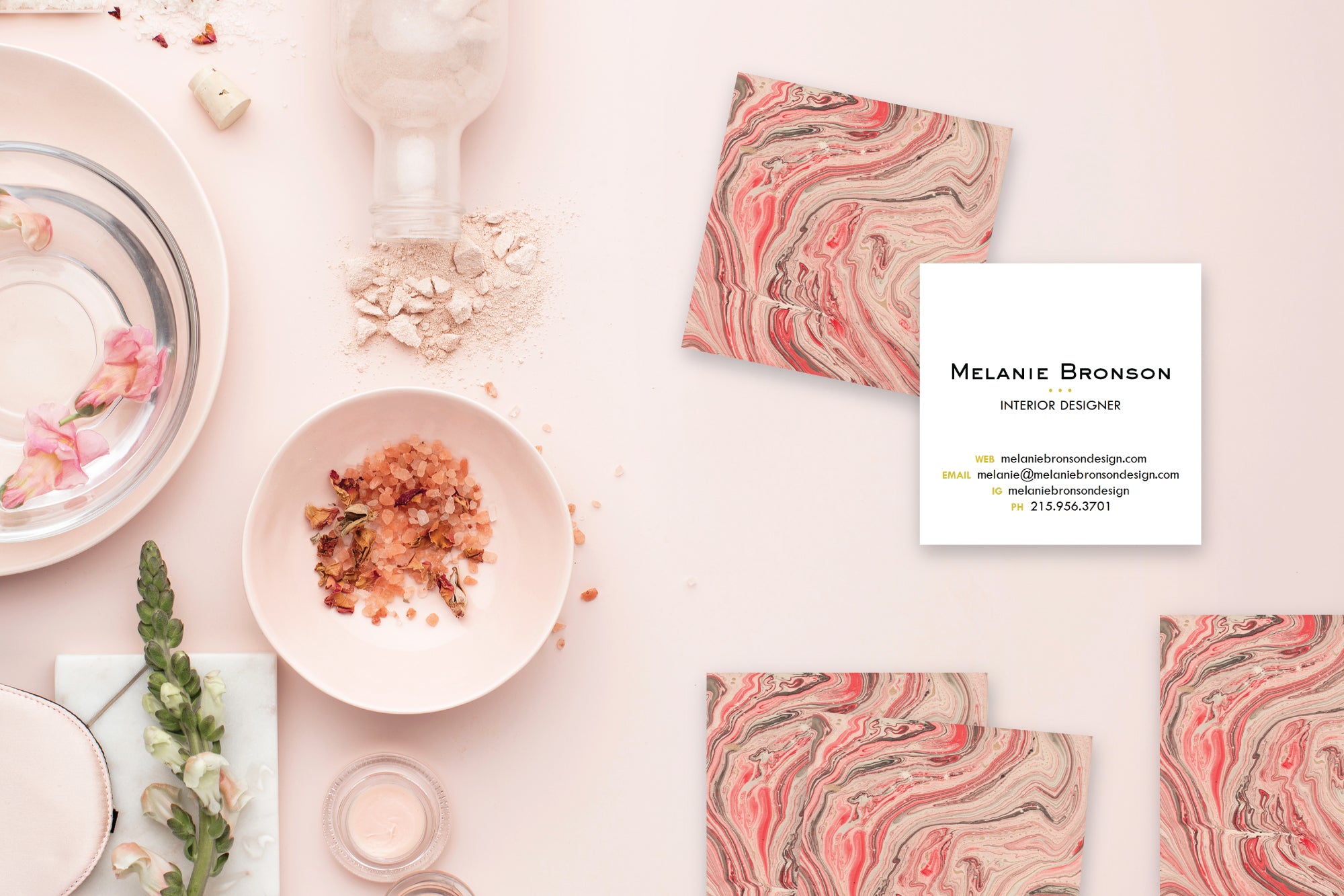 Coral|Grey Marble Calling Cards
