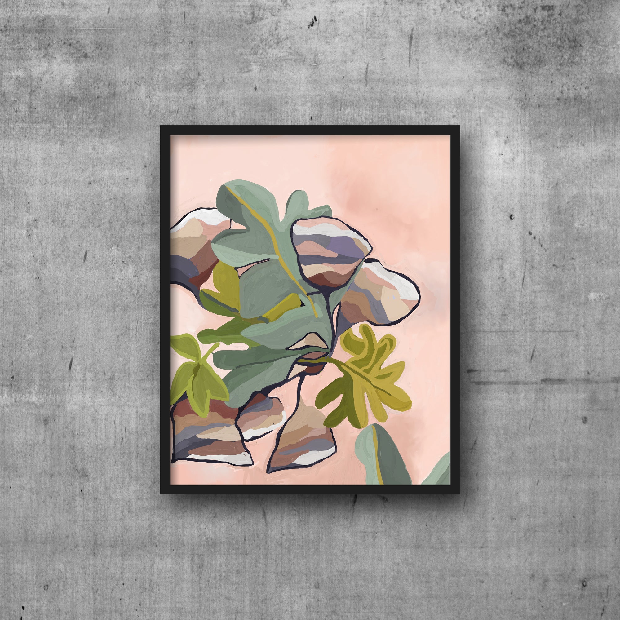 Pods and Leaves Art Print in black frame.