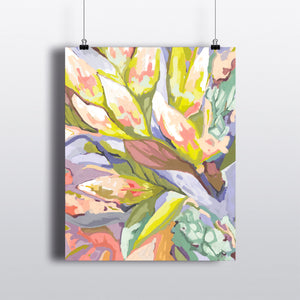 Abstract floral art print in shades of coral, mint lilac and chartreuse. Hanging by clips. 