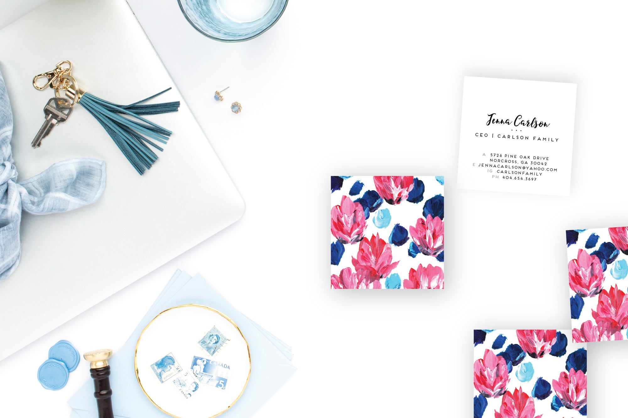 Blue|Pink Floral Handpainted Calling Cards