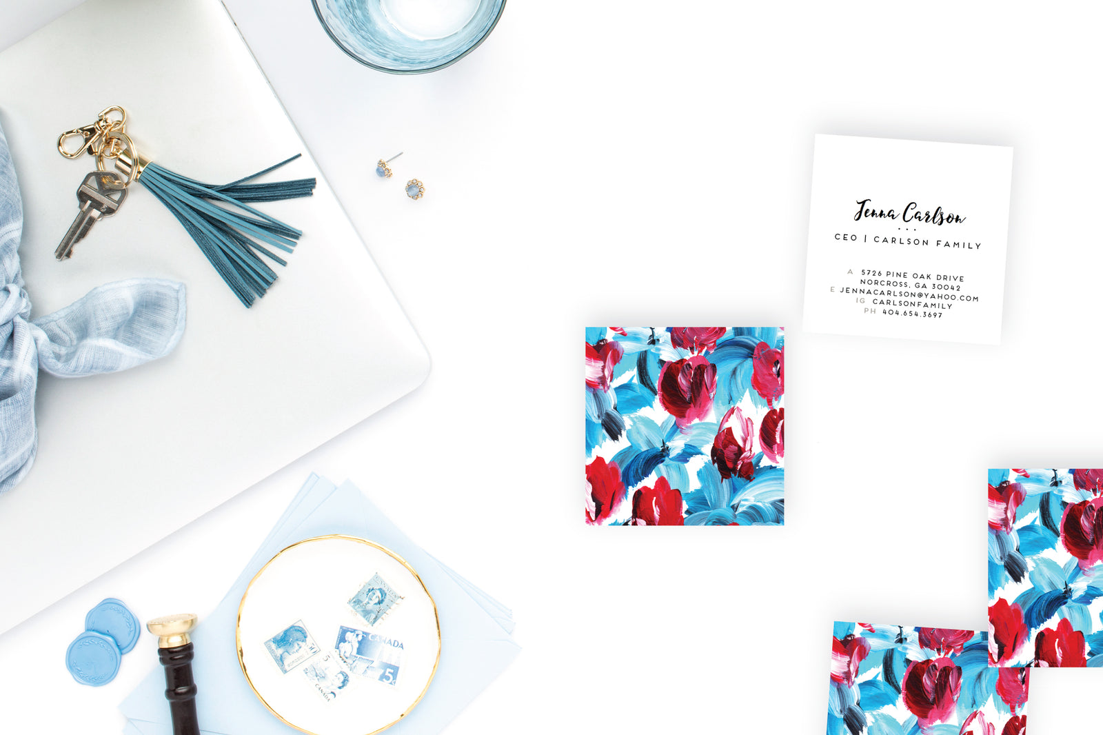 Blue|Red Floral Handpainted Calling Cards