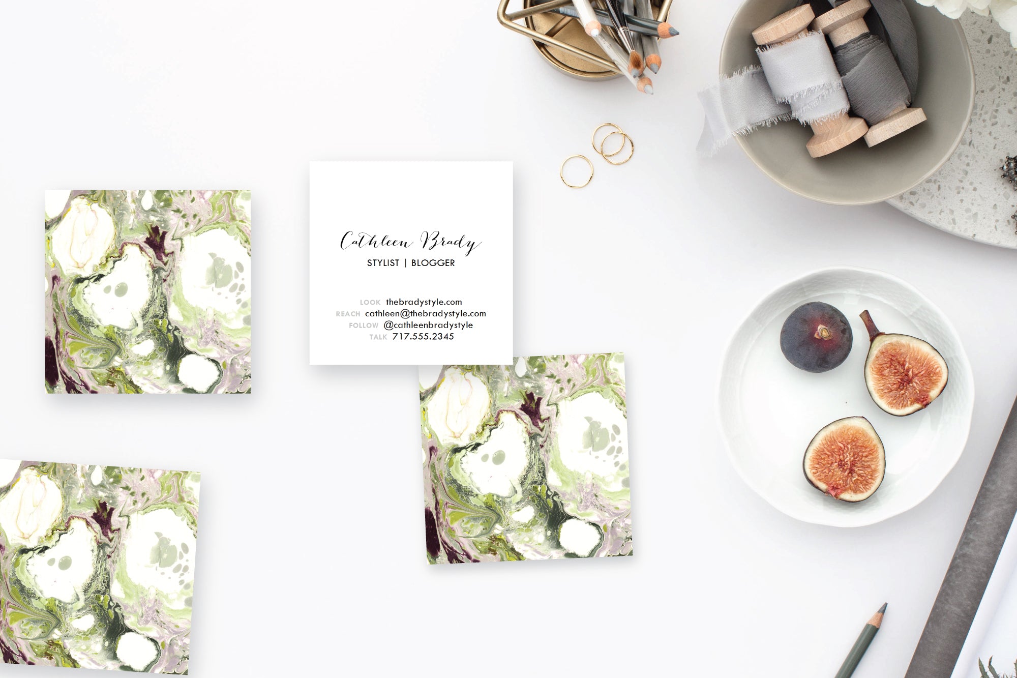 Chartreuse|Aubergine Marble Calling Cards