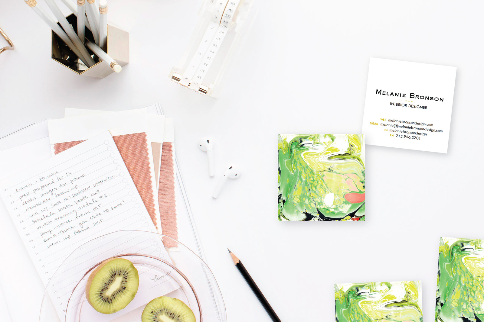 Green|Chartreuse|Coral Marble Calling Cards