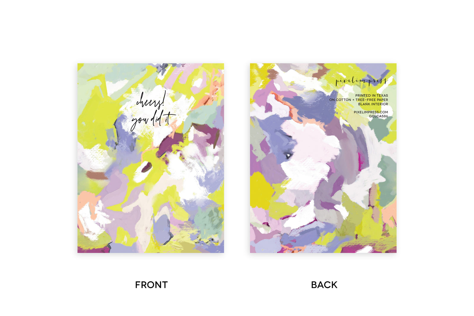 Congratulatory greeting card with bright colorful abstract pattern in coral, mint, chartreuse, lilac. Text is Cheers! You did it.. white envelope.