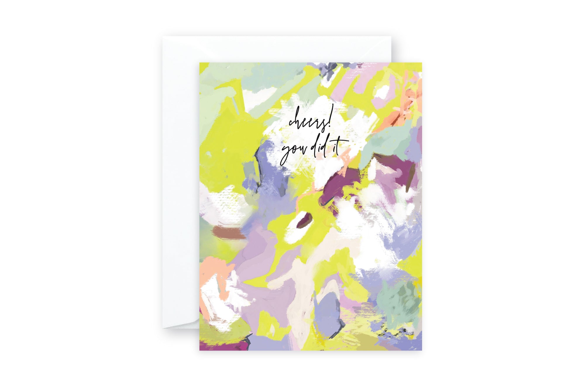 Congratulatory greeting card with bright colorful abstract pattern in coral, mint, chartreuse, lilac. Text is Cheers! You did it.. white envelope.