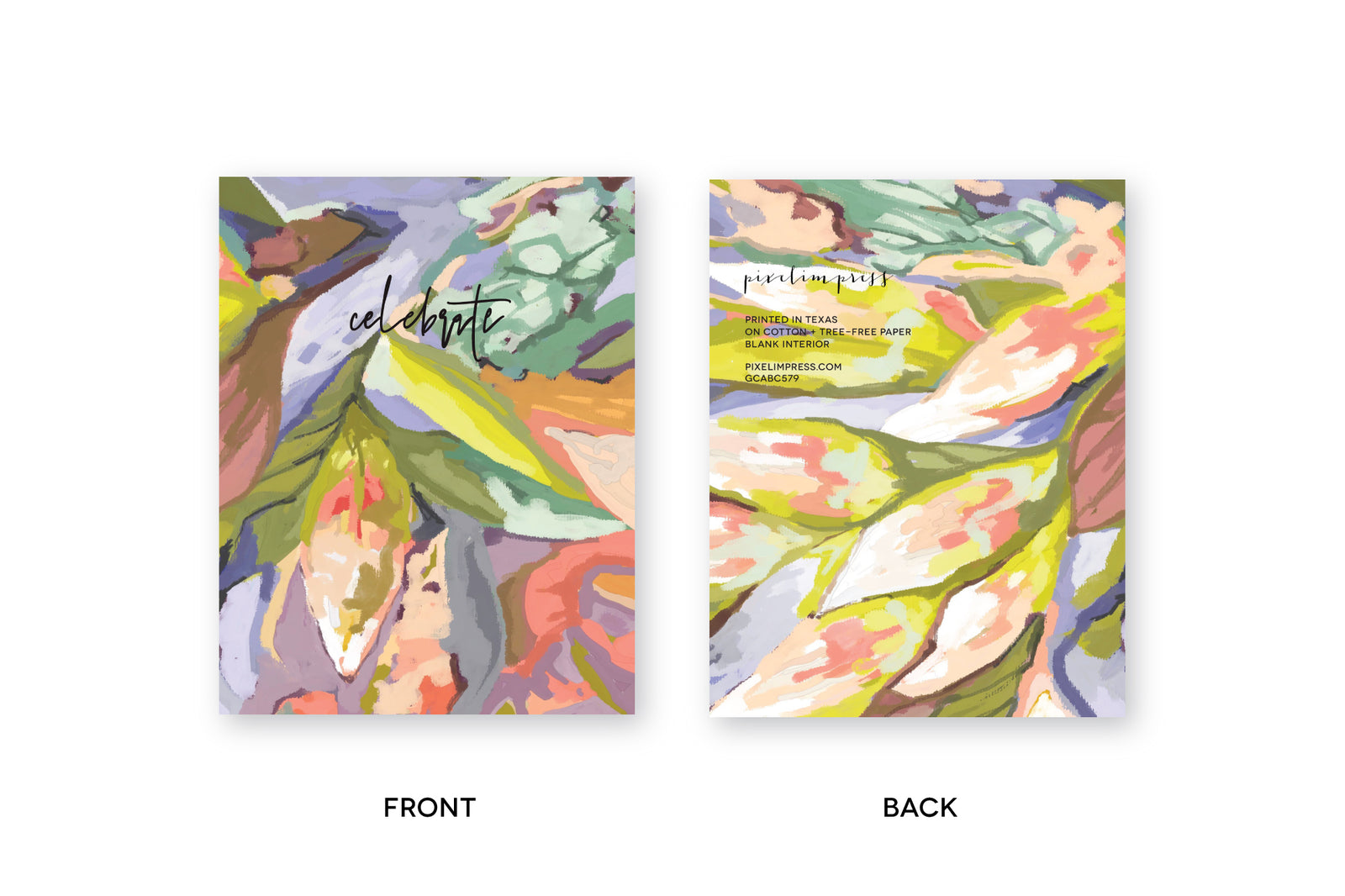 Celebratory greeting card with floral abstract art in corals, mint, lilac florals.