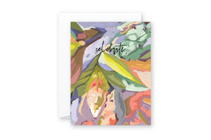 Celebratory greeting card with floral abstract art in corals, mint, lilac florals.