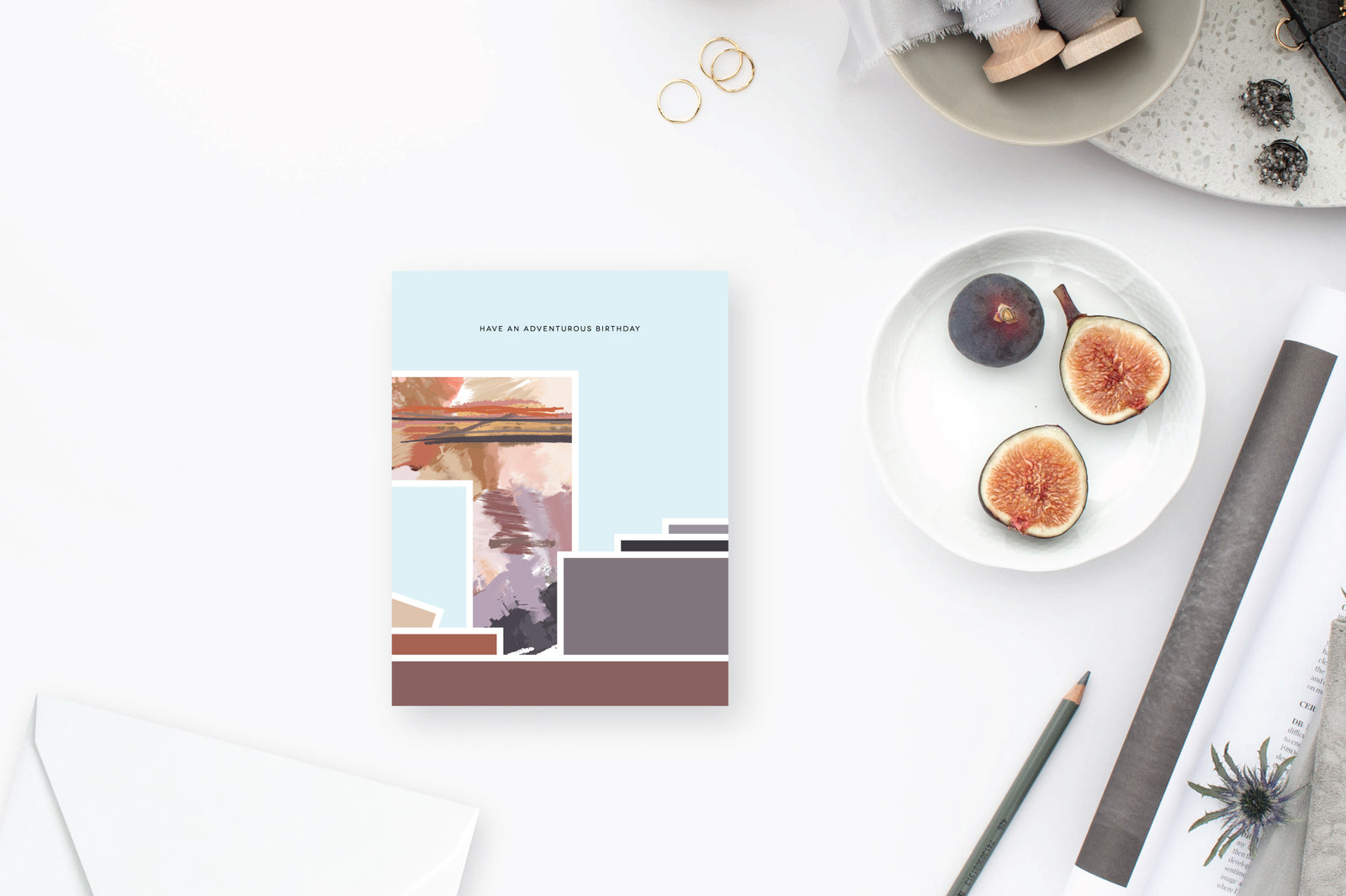 Adventurous Birthday Greeting Card with muted purples corals by pixelimpress