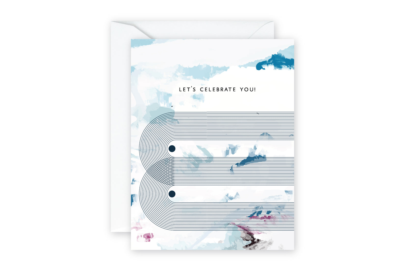 Abstract Celebration Greeting Card designed by pixelimpress.  Shades of blues/purples with line design. White envelope.