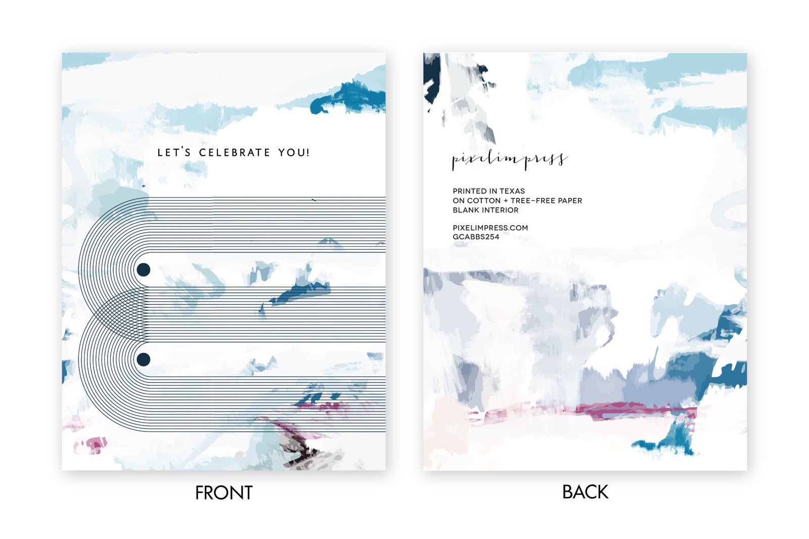 Abstract Celebration Greeting Card designed by pixelimpress.  Shades of blues/purples with line design. White envelope.