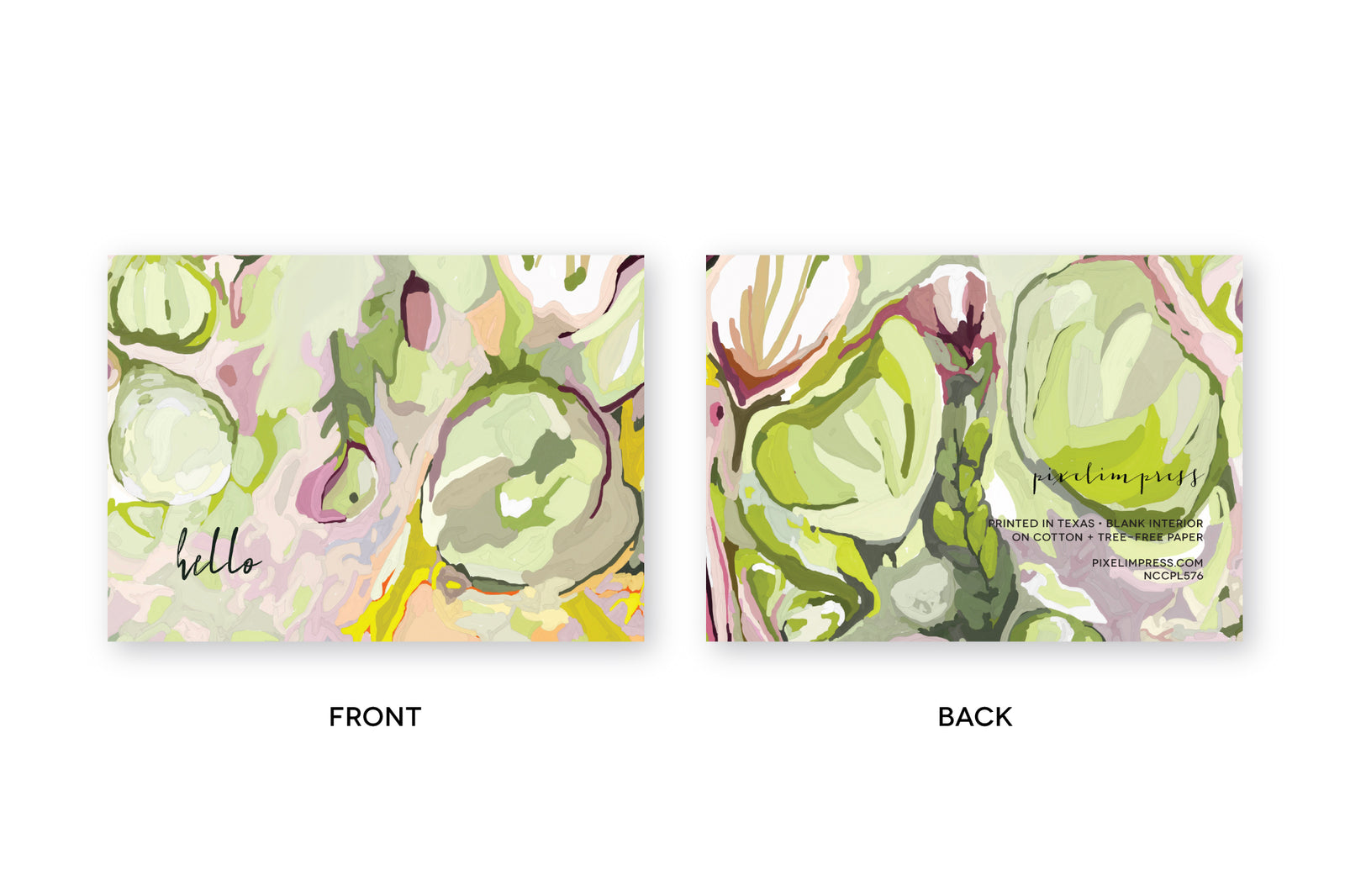 HELLO notecard featuring abstract chartruese floral art  with white envelope