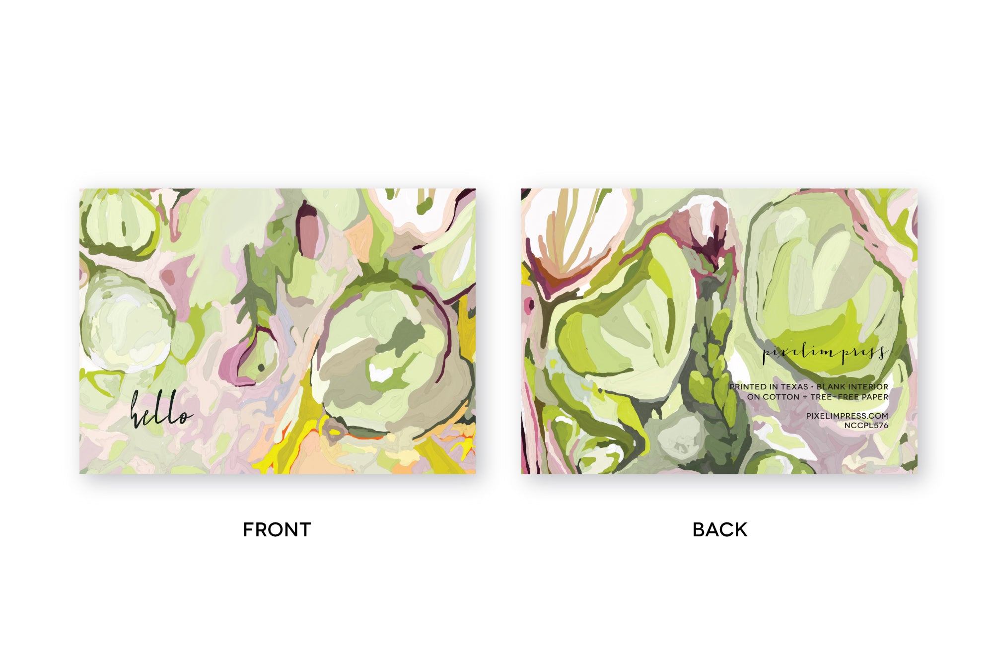 front and back side of HELLO notecard featuring abstract floral art