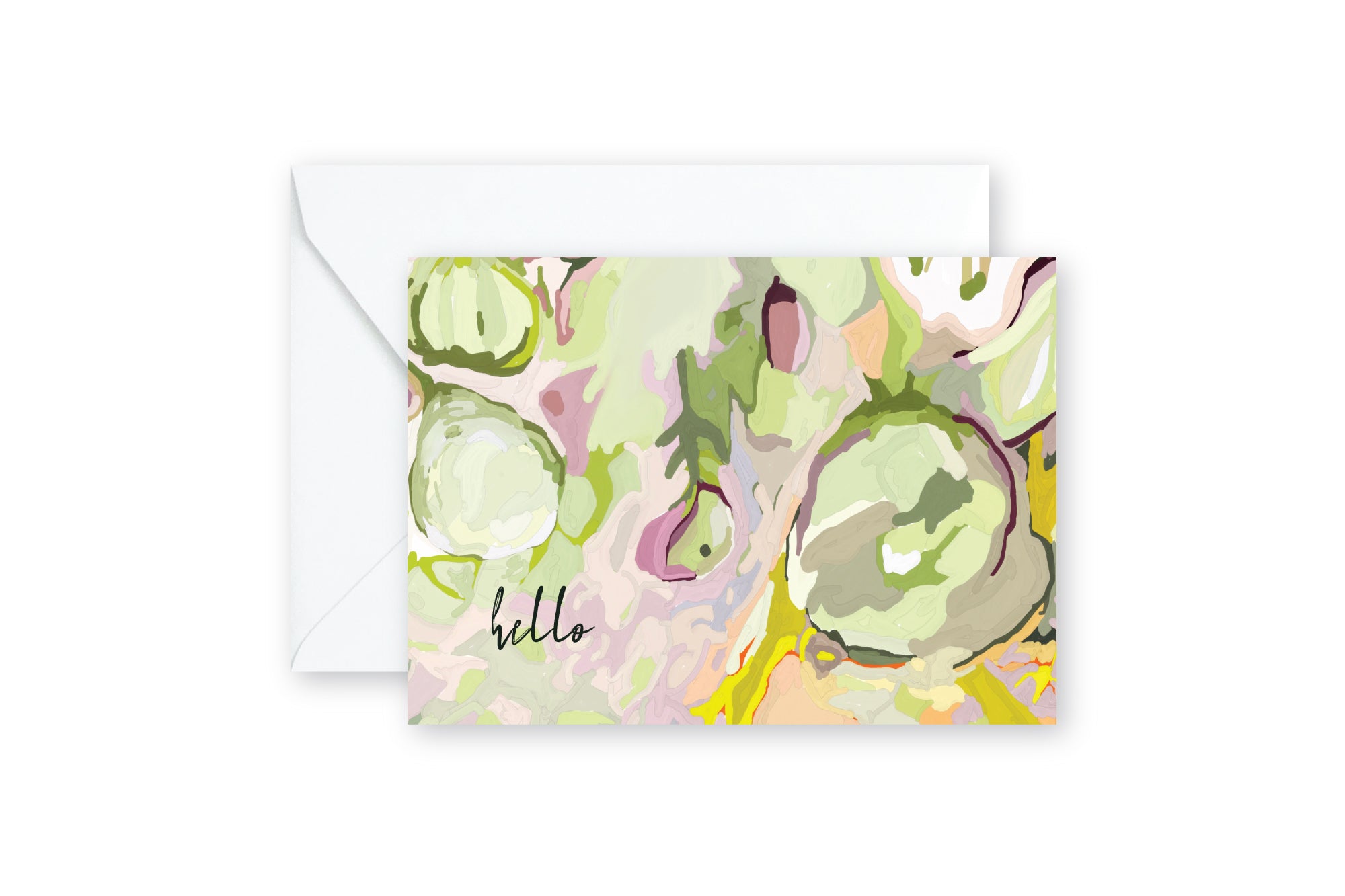 HELLO notecard featuring abstract chartruese floral art  with white envelope