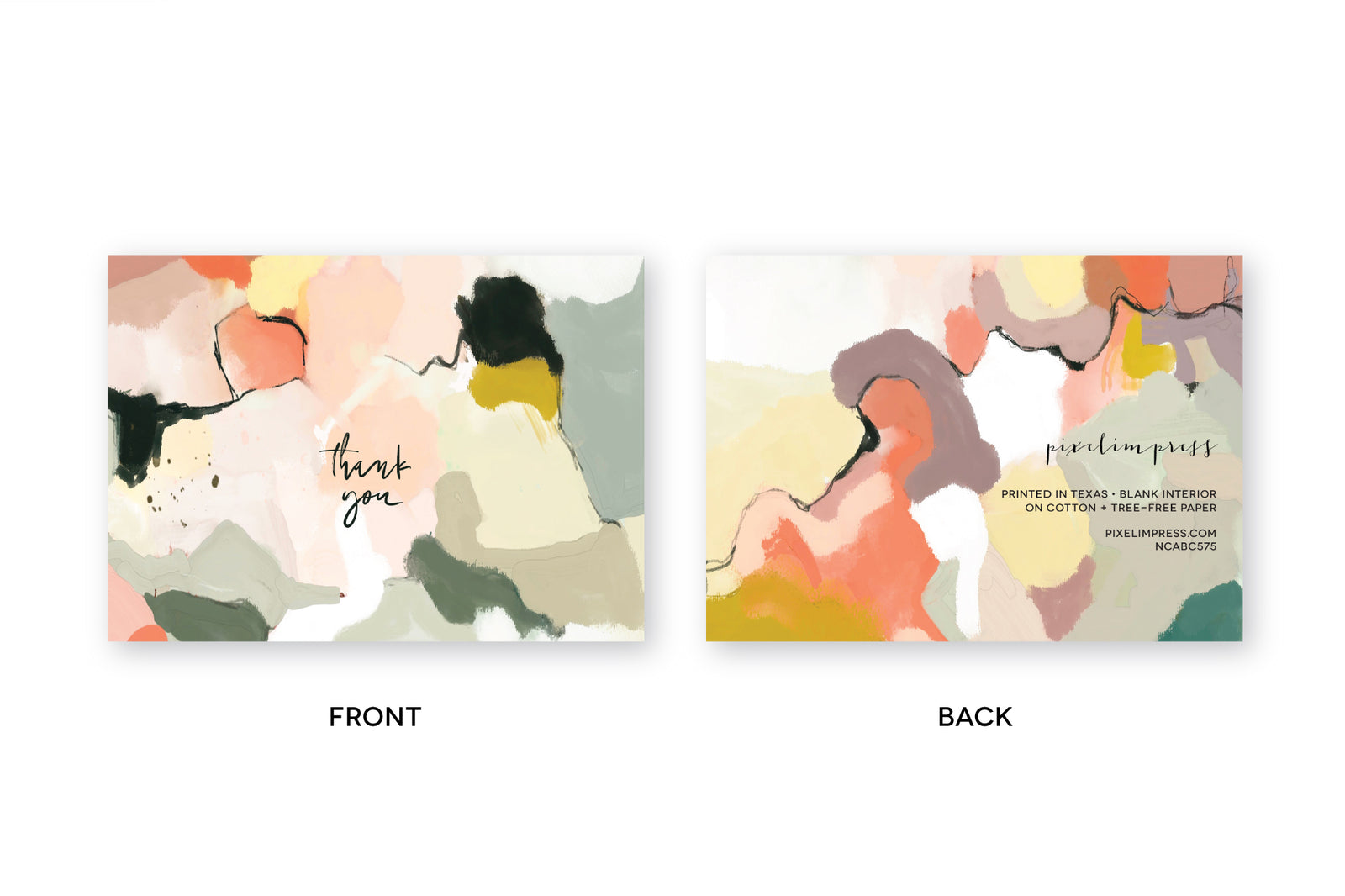 THANK YOU notecard with abstract design in shades of coral, blush pnk, sage green over white envelope