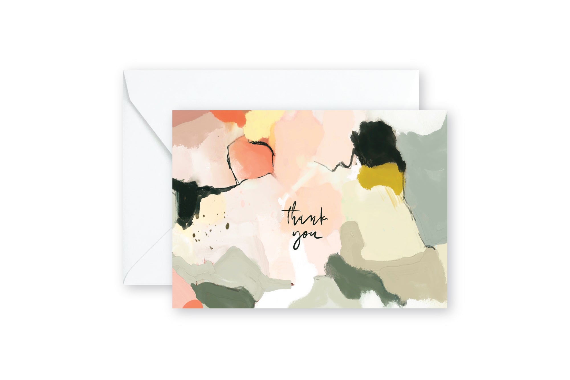THANK YOU notecard with abstract design in shades of coral, blush pnk, sage green over white envelope