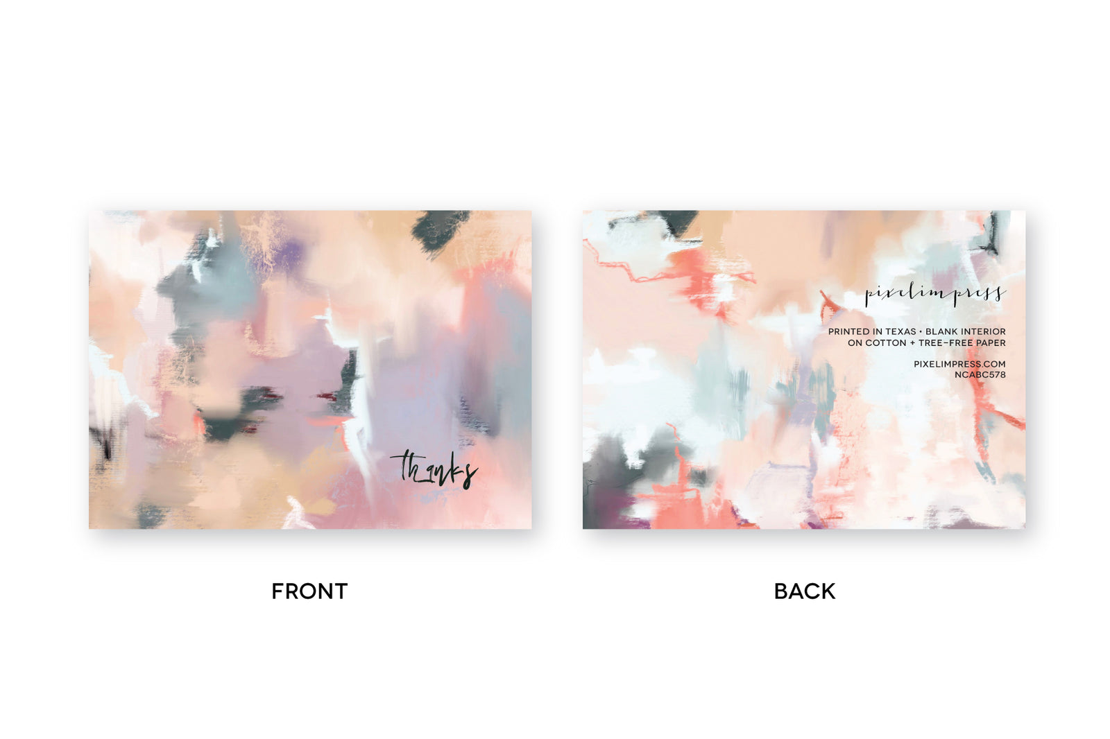 Abstract notecard in shades of tan, mauve, blue, purple with writing "Thanks", on white envelope