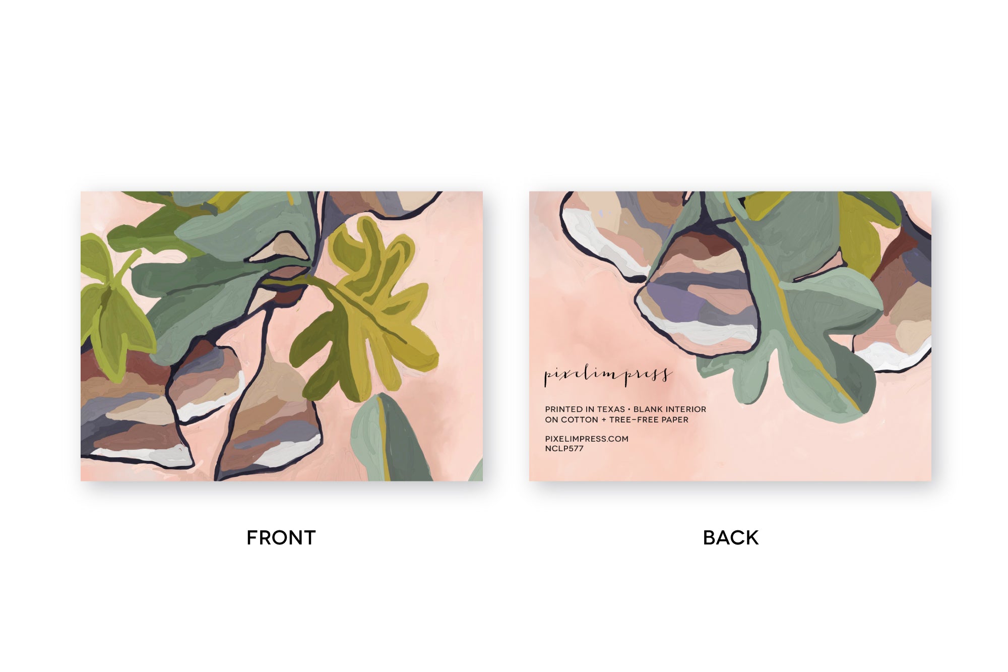 front and back of abstract leaves and pods notecard