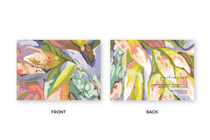 front and back of Coral, mint, lilac floral abstract blank notecard 