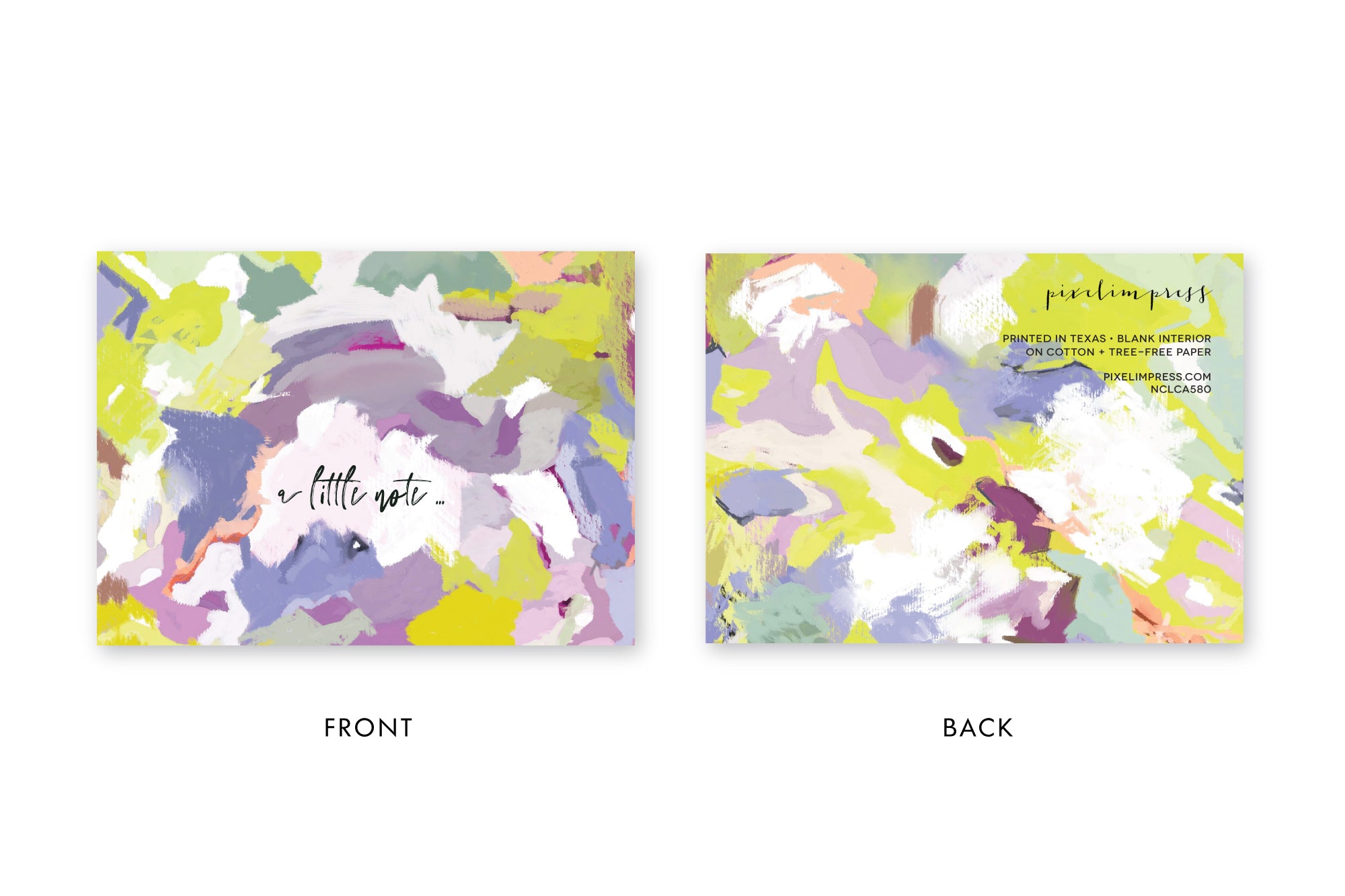 Bright, colorful notecard in lilacs, coral, chartreuse abstract pattern with text "a little note ..." with white envelope
