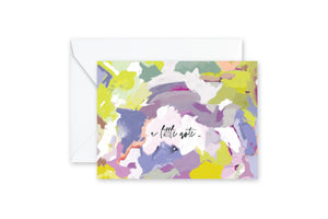 Bright, colorful notecard in lilacs, coral, chartreuse abstract pattern with text "a little note ..." with white envelope